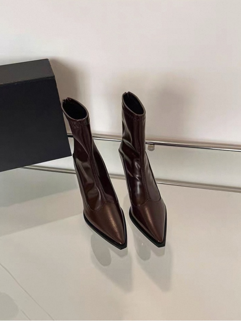 Pointed Toe Stretch Ankle Boots in Dark Brown Leather